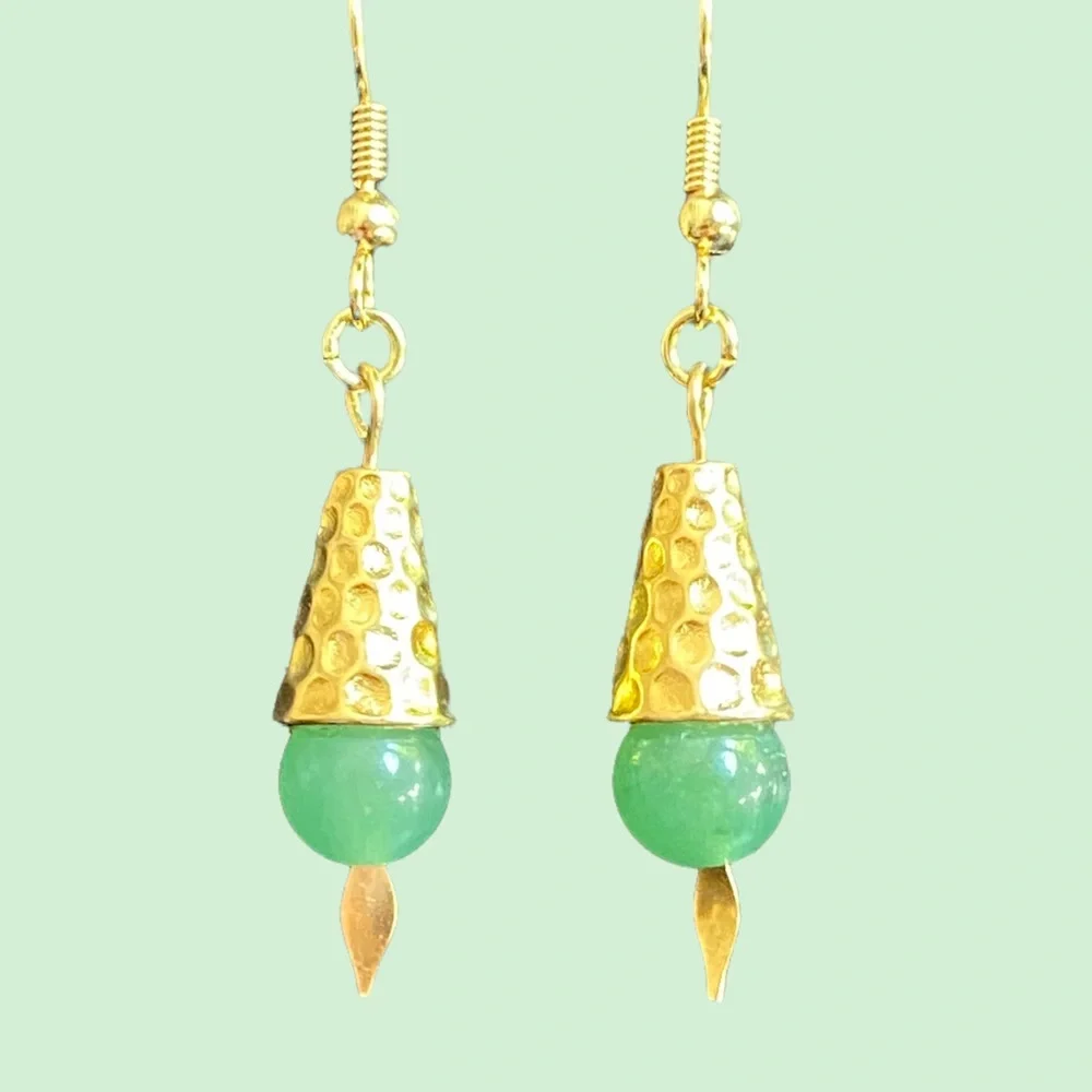 HAND CRAFTED Earrings Aventurine Beads Dangle Drop Long Natural Stones Pierced - Picture 5 of 8